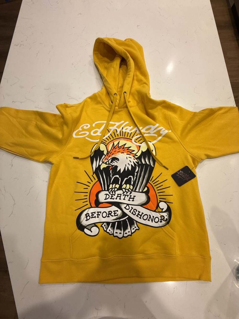 Ed Hardy Death Before Dishonor Eagle Graphic Fleece Pullover Mustard Yellow Hood